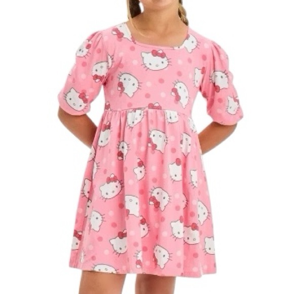 HELLO KITTY girls size XL-14 100% cotton kitty pattern casual pink dress NWT - Picture 1 of 5